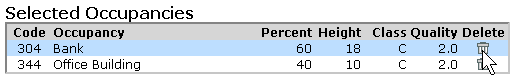 Delete Icon on the Selected Occupancies List